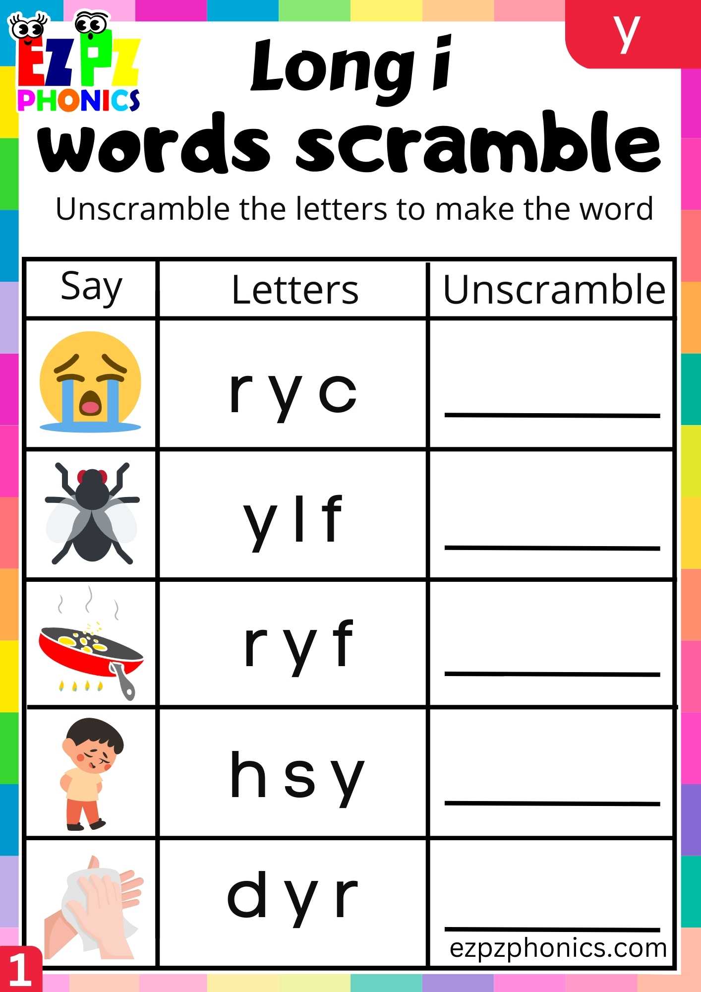 Y Words Words Scramble Long I Phonics Worksheet